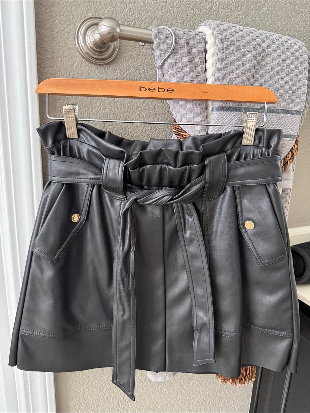 bebe Black Faux Leather Paperbag Waist Mini Skirt with Tie Belt